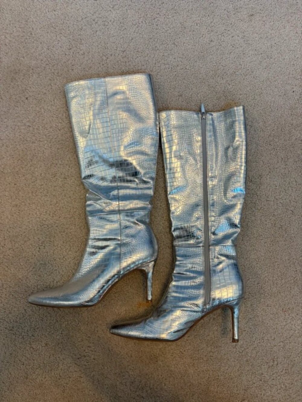 Silver metallic shiny knee high stiletto boots Size 8